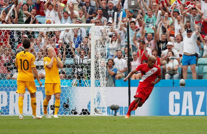 Soccer Football - World Cup - Group C - Australia vs Peru - Fisht Stadium, Sochi, Russia - June 26, 2018   Peru's Andre Carrillo celebrates scoring their first goal   REUTERS/Max Rossi