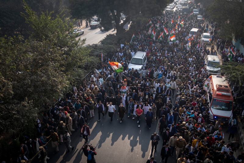 Opposition Congress leaders and supporters march in New Delhi on December 24. AP