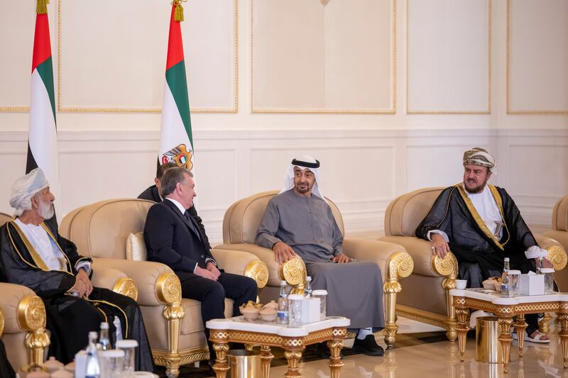 Asa'ad bin Tariq Al Said, Deputy Prime Minister of Oman, right, and Uzbekistan's President Shavkat Mirziyoyev, third right, offer condolences to Sheikh Mohamed. Abdulla Al Junaibi for the Ministry of Presidential Affairs 