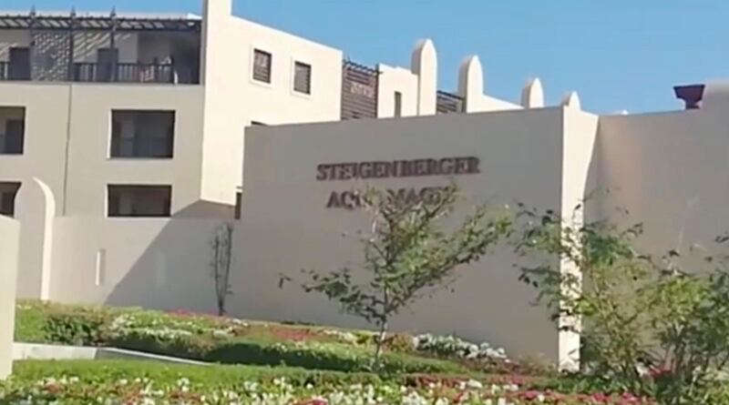 This Friday, Aug. 24, 2018 photo taken from video shows the exterior of the Steigenberger Aqua Magic Hotel in Hurghada, Egypt. Tour operator Thomas Cook is evacuating all of its customers from the hotel in Egypt's Red Sea resort  after two Britons died there this week under unclear circumstances. The move came after John and Susan Cooper, from Burnley in northern England, died while staying at the Steigenberger Aqua Magic Hotel. They were on a holiday with other family members.  (AP Photo/APTN)