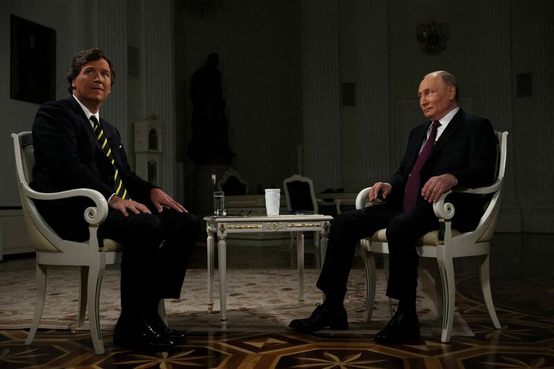 Russian President Vladimir Putin is interviewed by American conservative political commentator Tucker Carlson in Moscow. Reuters