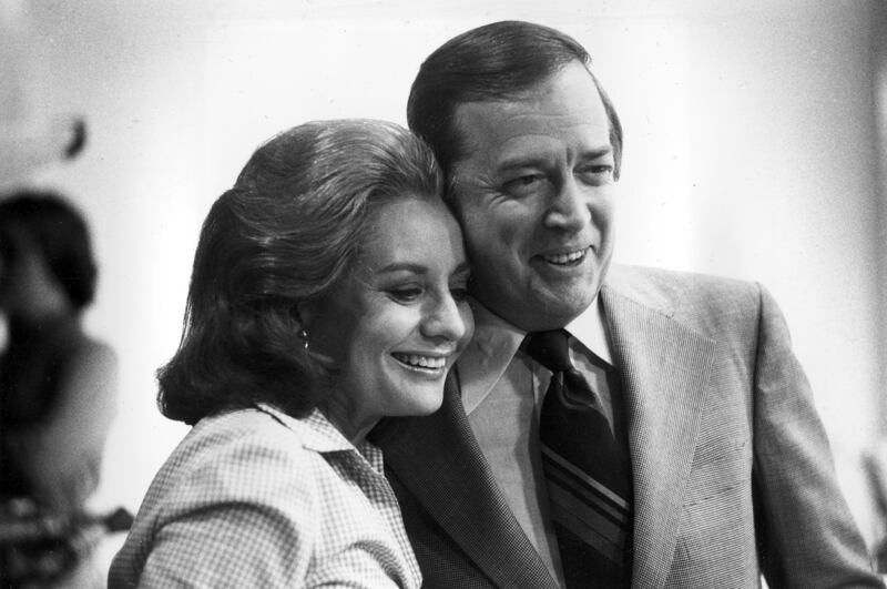 Walters and former NBC Today show host Hugh Downs during Walters' final live broadcast in June 1973. AP Photo