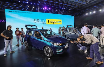 Tata Tiago EV electric car, India's most affordable electric car so far, during its global launch event in Mumbai on September 28.  EPA 