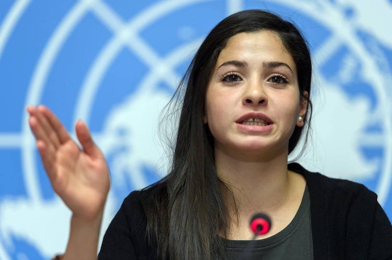 epa05930517 Yusra Mardini, UNHCR?s Goodwill Ambassador, speaks to the media about the Appointment of Syrian refugee and Olympic athlete Yusra Mardini as UNHCR?s Goodwill Ambassador during a press conference, at the European headquarters of the United Nations in Geneva, Switzerland, 27 April 2017.  EPA/MARTIAL TREZZINI *** Local Caption *** 53482165