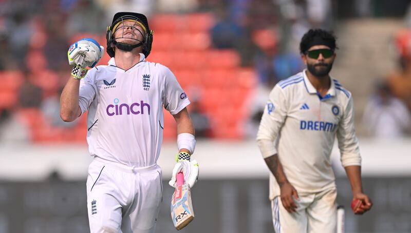 England's Ollie Pope celebrates reaching his century on Day 3 of the first Test against India at Rajiv Gandhi International Stadium in Hyderabad on January 27, 2024. Getty Images