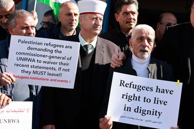 Palestinians protest in Ramallah on Wednesday against the freezing of funding for UNRWA following Israeli accusations that 12 staff members were involved in Hamas's October 7 attacks. AFP