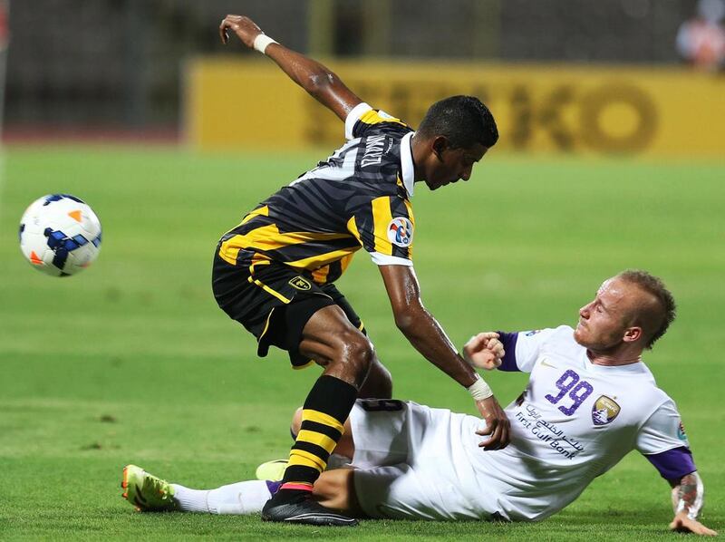 Miroslav Stoch, right, earned man of the match honours for his effort against Al Ittihad on Tuesday night. a 3-1 Al Ain win that delivers them to the semi-finals of the Asian Champions League. AFP Photo 