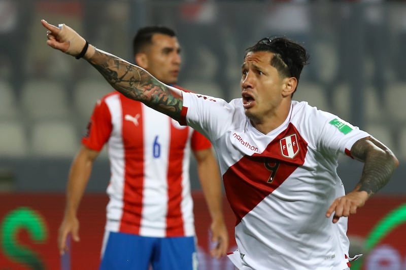 Gianluca Lapadula scored Peru's first goal in the 2-0 win over Paraguay during their World Cup 2022 qualifying match at Estadio Nacional de Lima. Getty