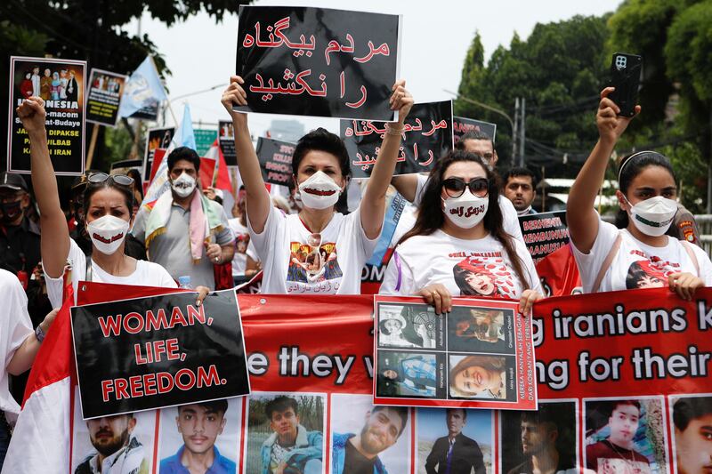 Demonstrators take part in a protest against the Iranian government outside the embassy of Iran in Jakarta, Indonesia. Reuters