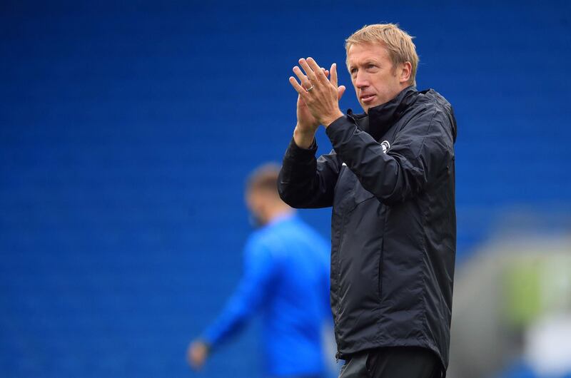 Brighton and Hove Albion manager Graham Potter applauds the fans after the pre-season friendly at the AMEX Stadium in Brighton where up to 2500 fans have been allowed in to watch the match after the Government announced a further batch of sporting events that will be used to pilot the safe return of spectators. PA Photo. Picture date: Saturday August 29, 2020. See PA story SOCCER Brighton. Photo credit should read: Adam Davy/PA Wire. RESTRICTIONS: EDITORIAL USE ONLY No use with unauthorised audio, video, data, fixture lists, club/league logos or "live" services. Online in-match use limited to 120 images, no video emulation. No use in betting, games or single club/league/player publications.