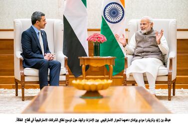 Sheikh Abdullah bin Zayed, Minister of Foreign Affairs and International Co-operation, meets with Indian Prime Minister Narendra Modi on Monday. Wam