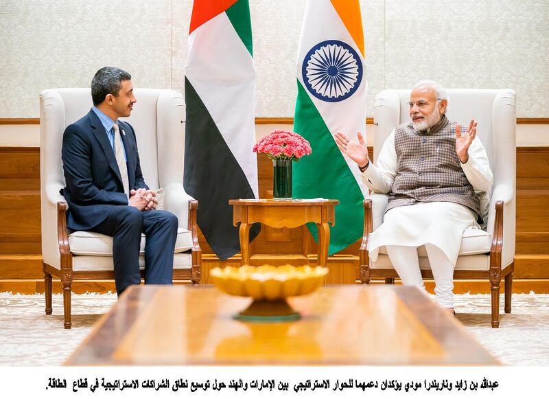 Sheikh Abdullah bin Zayed, Minister of Foreign Affairs and International Co-operation, meets with Indian Prime Minister Narendra Modi on Monday. Wam