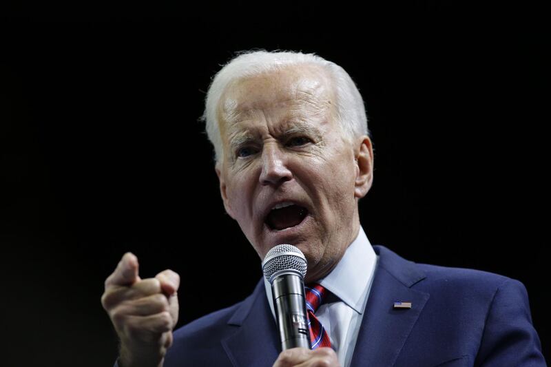 DES MOINES, IA - NOVEMBER 01: Democratic presidential candidate, former Vice President Joe Biden speaks during the Iowa Democratic Party Liberty & Justice Celebration  in Des Moines, Iowa. Fourteen presidential are expected to speak at the event addressing over 12,000 people.   AFP