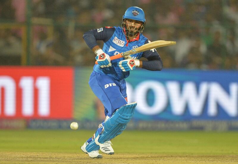 Delhi Capitals cricketer Rishabh Pant plays a shot during the 2019 Indian Premier League (IPL) Twenty20 cricket match between Rajasthan Royals and Delhi Capitals at the Sawai Mansingh Stadium in Jaipur on April 22, 2019. (Photo by Sajjad HUSSAIN / AFP) / ----IMAGE RESTRICTED TO EDITORIAL USE - STRICTLY NO COMMERCIAL USE----- / GETTYOUT