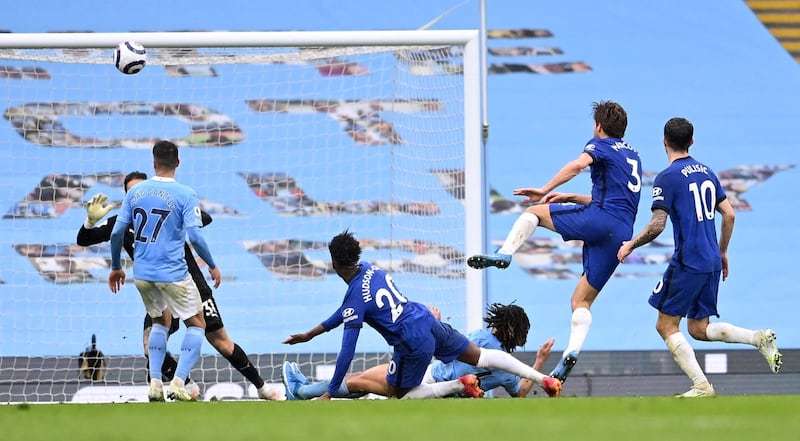 Chelsea's Marcos Alonso scores the winner against Manchester City at the Etihad Stadium on Saturday, May 8.