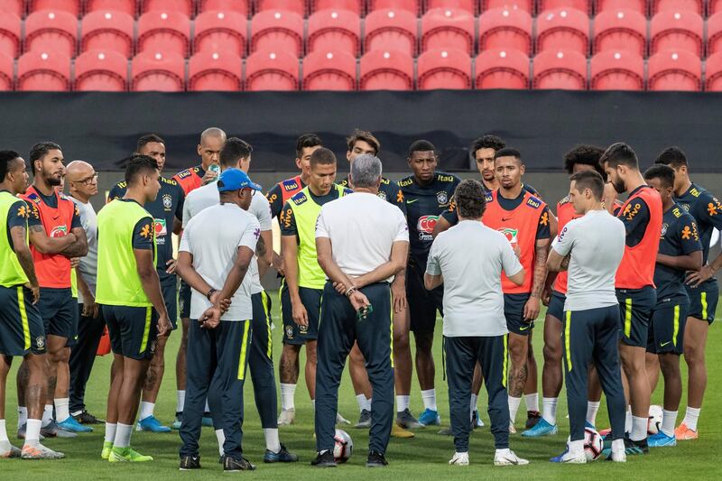 ABU DHABI, UNITED ARAB EMIRATES. 18 November 2019. The Brazil national football team practise at Zayed Stadium ahead of their game tomorrow against Korea. (Photo: Antonie Robertson/The National) Journalist: Amith Pasella Section: Sport.
