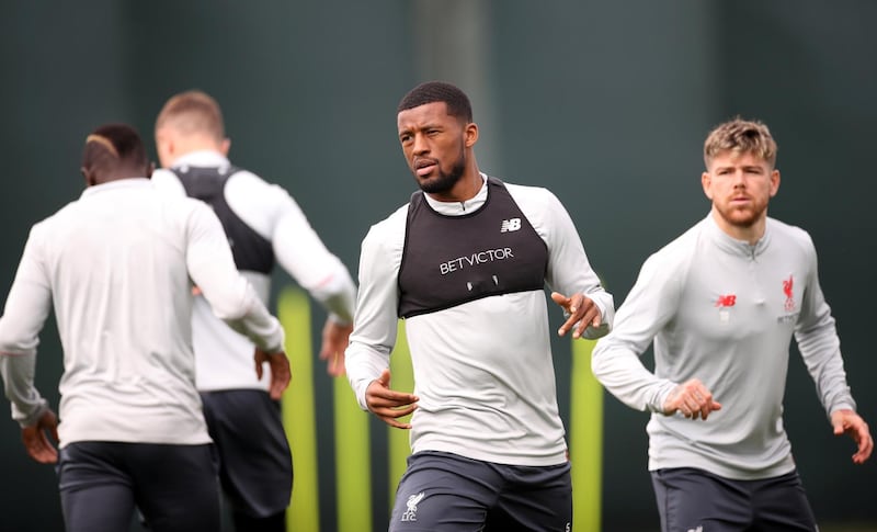 Georginio Wijnaldum takes part in training at Melwood ahead of Liverpool's Uefa Champions League semi-final, first leg against Barcelona. AFP