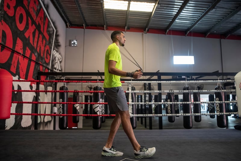 Hamzah Sheeraz skips rope at the Real Boxing Only Gym in Dubai. Antonie Robertson / The National