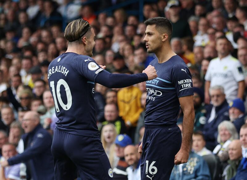 Rodri celebrates scoring the first goal with Jack Grealish. Action Images