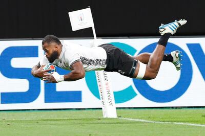 Fijiâ€™s Peceli Yato is airborne to score a try against Australia during the Rugby World Cup Pool D game at Sapporo Dome between Australia and Fiji in Sapporo, northern Japan, Saturday, Sept. 21, 2019. (Masanori Takei/Kyodo News via AP)