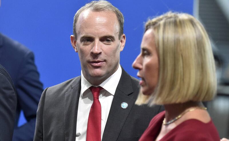 British Foreign Secretary Dominic Raab speaks with EU foreign policy chief Federica Mogherini during the informal meeting of EU foreign ministers in Helsinki, Finland August 29, 2019. Lehtikuva/Markku Ulander/via REUTERS      ATTENTION EDITORS - THIS IMAGE WAS PROVIDED BY A THIRD PARTY. NO THIRD PARTY SALES. NOT FOR USE BY REUTERS THIRD PARTY DISTRIBUTORS. FINLAND OUT. NO COMMERCIAL OR EDITORIAL SALES IN FINLAND.