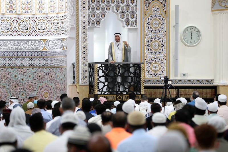The imam speaks at Al Farooq Omar Bin Al Khattab Mosque, Dubai. Chris Whiteoak / The National