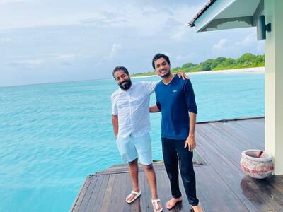 Greyar Dsouza (right) with his cousin Emmanuel Dsouza in Male, Maldives where they spent two-weeks in quarantine after a flight from India before flying out to Dubai. Incoming flights from India to the UAE have been suspended to control a fast-spreading deadly Covid-19 variant. Courtesy: Greyar Dsouza