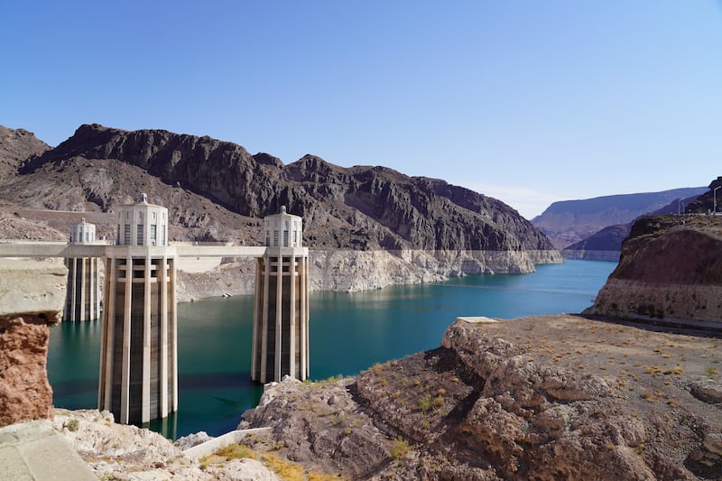 The penstock towers on the reservoir side of the Hoover Dam. In normal years, the water would be significantly higher.