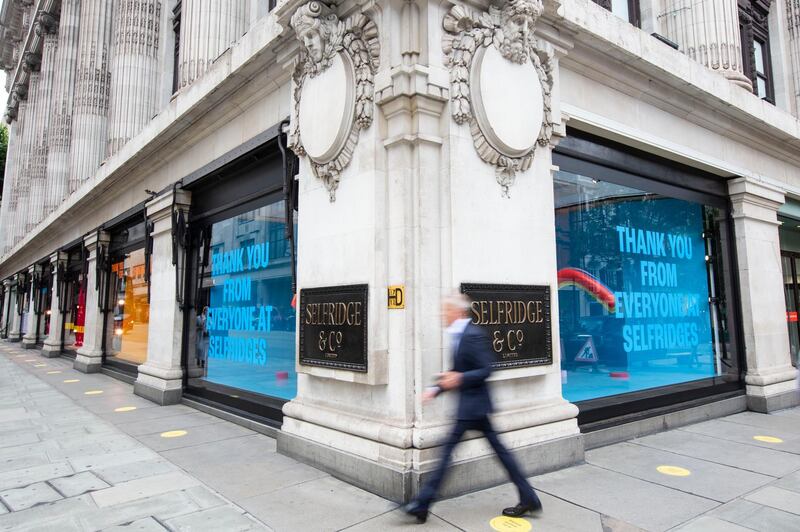 The National. Empty shops feature. The London underground is still much less busy following the 
coronavirus lockdown. Selfridges on Oxford Street popular with international shoppers.