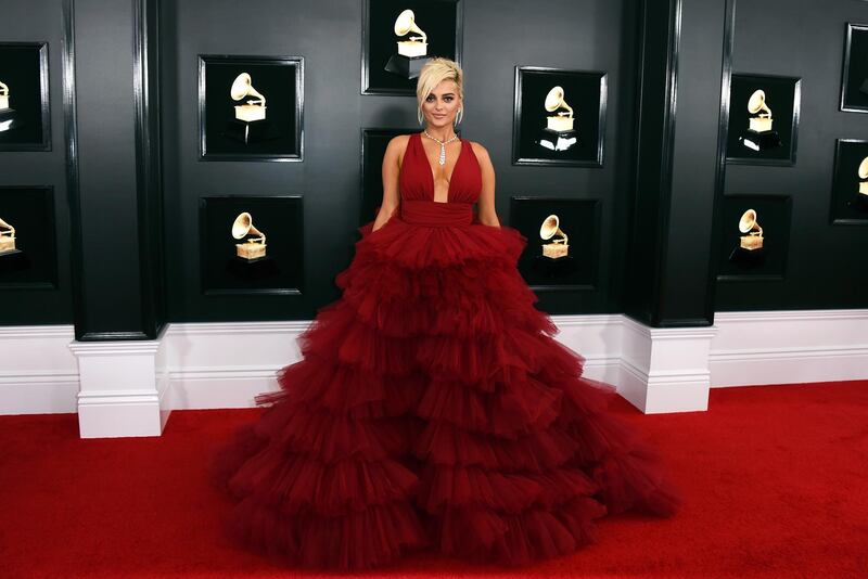 Bebe Rexha in a big, bold red gown by Bahraini designer Monsoori. Photo: AP