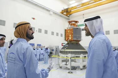 Sheikh Mohammed bin Rashid, Vice President and Ruler of Dubai, inspects KhalifaSat in February 2018, eight months before its successful launch. Courtesy: Wam  