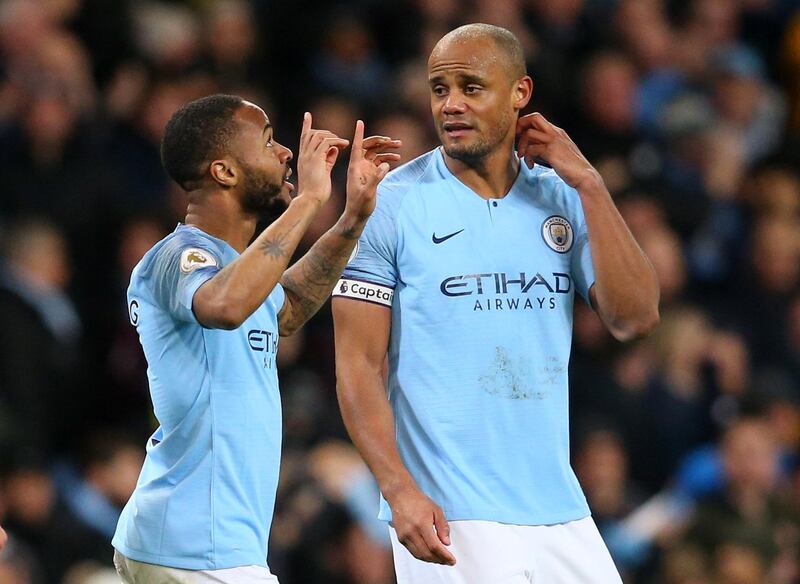 MANCHESTER, ENGLAND - MARCH 09: Raheem Sterling of Manchester City celebrates after scoring his team's third goal during the Premier League match between Manchester City and Watford FC at Etihad Stadium on March 09, 2019 in Manchester, United Kingdom. (Photo by Alex Livesey/Getty Images)