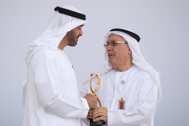Sheikh Mohamed bin Zayed, Crown Prince of Abu Dhabi and Deputy Supreme Commander of the UAE Armed Forces, presents an Abu Dhabi Award to Ibrahim Al Abed. Ryan Carter for the Crown Prince Court - Abu Dhabi