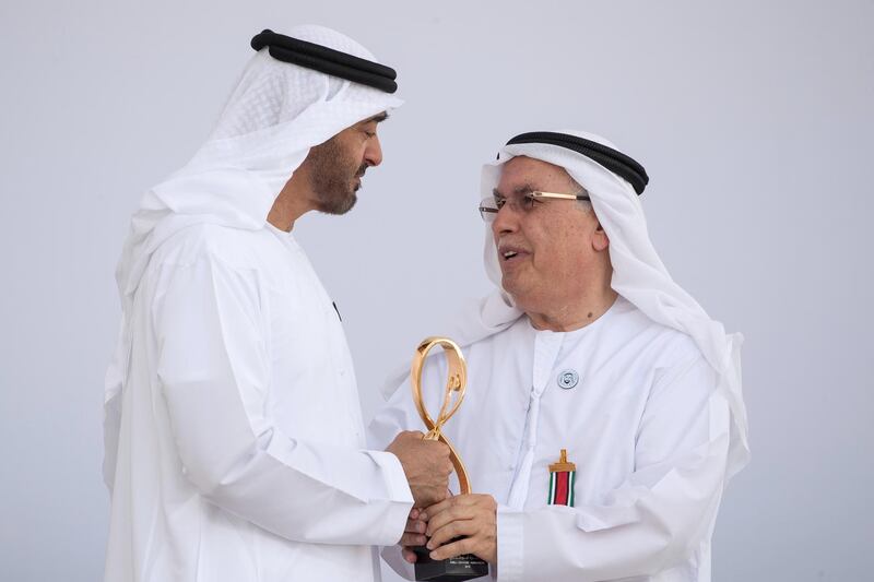 ABU DHABI, UNITED ARAB EMIRATES -  March 12, 2018: HH Sheikh Mohamed bin Zayed Al Nahyan, Crown Prince of Abu Dhabi and Deputy Supreme Commander of the UAE Armed Forces (L), presents an Abu Dhabi Award to HE Ibrahim Abdulrahman Al Abed (R), during the awards ceremony at the Sea Palace.
( Ryan Carter for the Crown Prince Court - Abu Dhabi )
---