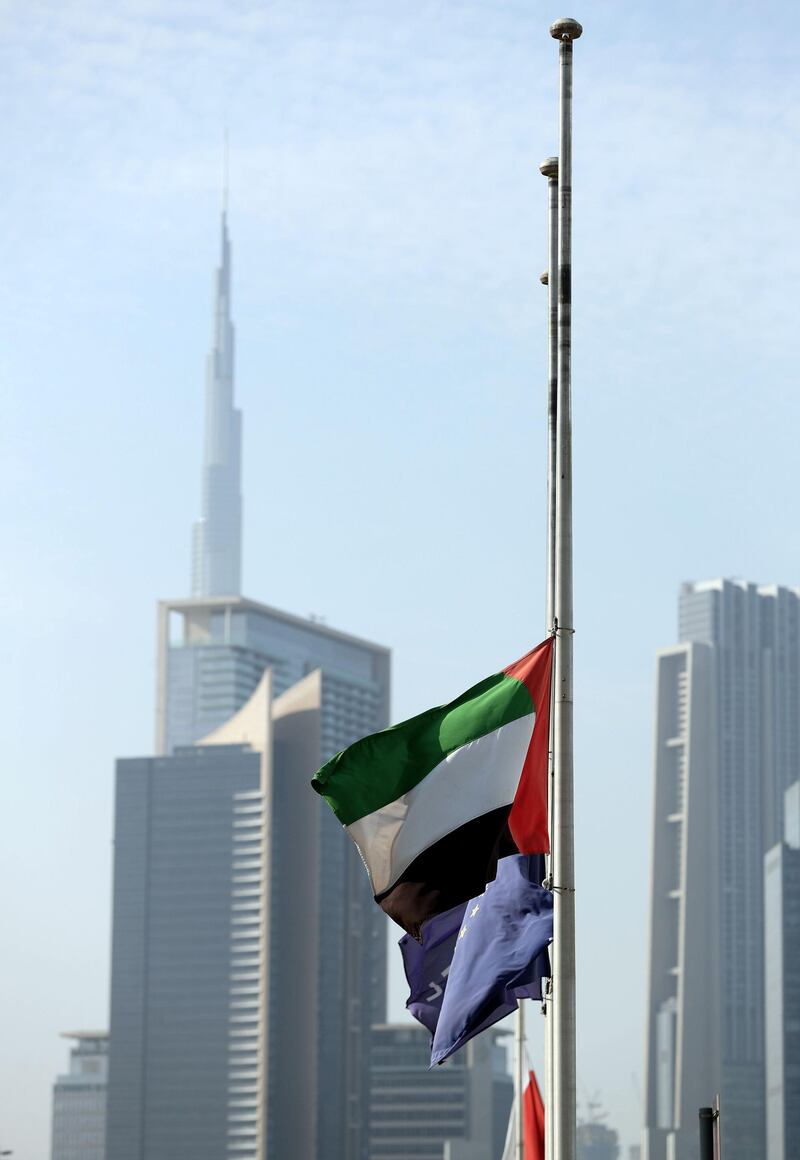 Dubai, United Arab Emirates - November 19, 2019: Flags are at half mast at the World trade centre after the passing of Sheikh Sultan bin Zayed bin Sultan Al Nahyan, the President's Representative. Tuesday the 19th of November 2019. World Trade Centre, Abu Dhabi. Chris Whiteoak / The National