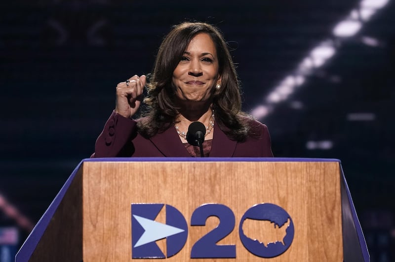 Senator Kamala Harris, Democratic vice presidential nominee, speaks during the Democratic National Convention at the Chase Center in Wilmington, Delaware, U.S. Bloomberg