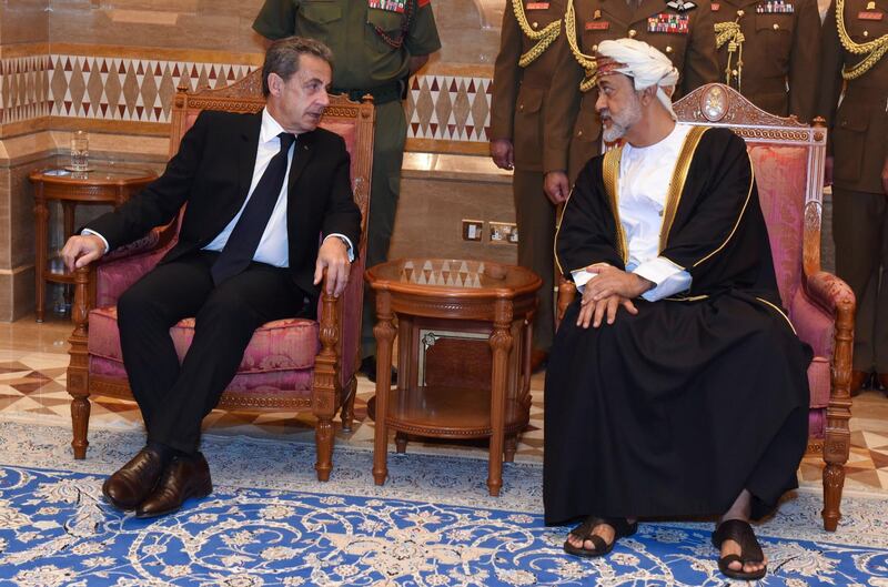 Sultan Sayyid Haitham Bin Tariq Al Said meets former French president Nicolas Sarkozy in Muscat. AFP