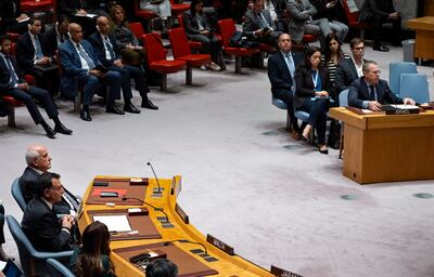 Gilad Erdan, right, permanent representative of Israel to the UN, addresses members of the Security Council. AP