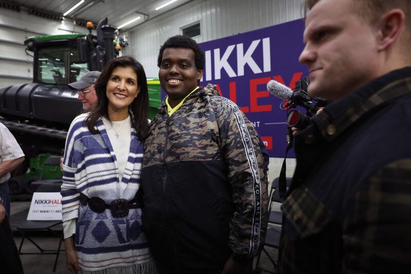 Ms Haley greets guests following a town hall meeting in Nevada, Iowa. Getty / AFP