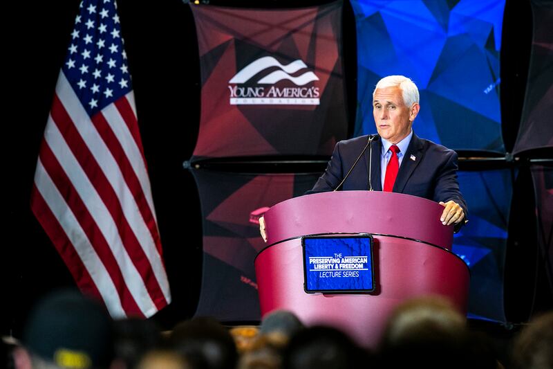 Mr Pence speaks during a Young Americas Foundation event. AP