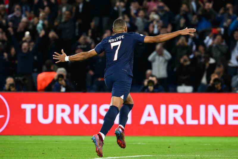 Kylian Mbappe celebrates scoring. AFP