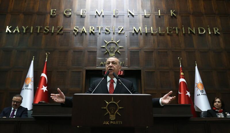 Turkish President Recep Tayyip Erdogan addresses members of ruling Justice and Development Party (AKP) at their group meeting at parliament in Ankara.   EPA