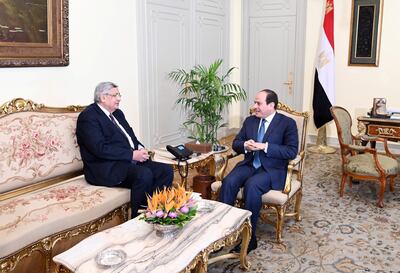 Egyptian President Abdel Fattah al-Sisi meets with Dr. Mohamed Awad Tag Eldin following his appointment as an adviser to the President on Health and Prevention Affairs, during the coronavirus disease (COVID-19) outbreak, at the Ittihadiya presidential palace in Cairo, Egypt, March 21, 2020 in this handout picture courtesy of the Egyptian Presidency. The Egyptian Presidency/Handout via REUTERS ATTENTION EDITORS - THIS IMAGE WAS PROVIDED BY A THIRD PARTY.