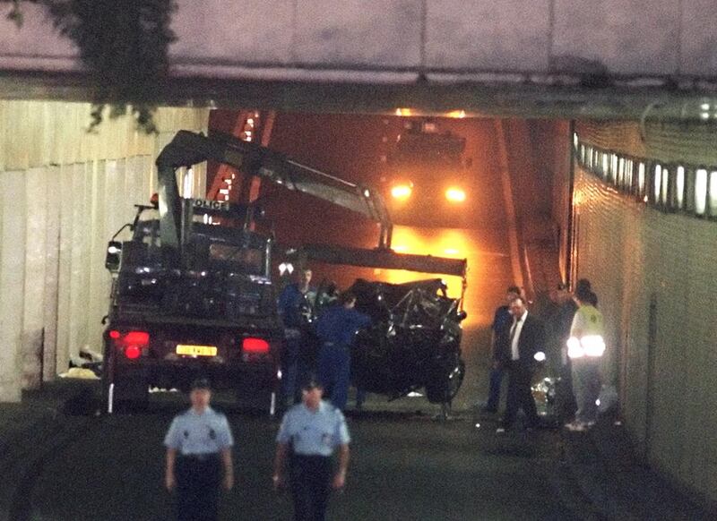 The wreckage of Princess Diana's car in the Alma Tunnel of Paris. Britain's Princess Diana, her friend Dodi Fayed and their driver Henri Paul were all killed in the crash in August, 1997. (file)



