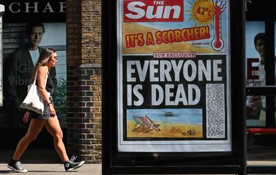 A headline from UK tabloid The Sun, during the recent heatwave, took an irreverent approach to fears over the soaring temperatures. Photo: EPA 

