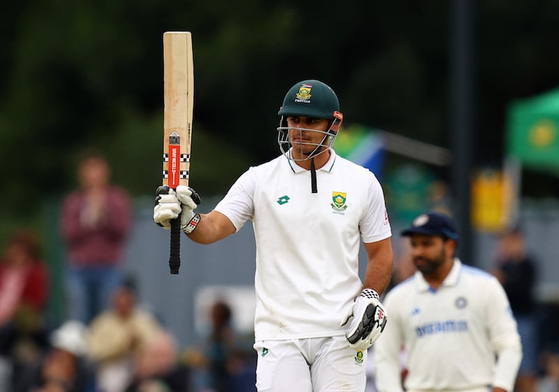 South Africa’s David Bedingham celebrates after reaching his half century on his Test debut. Reuters