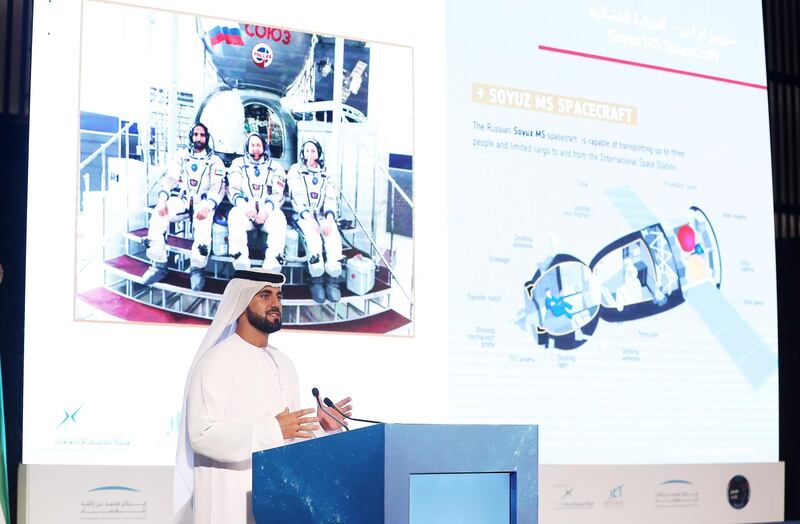 DUBAI ,  UNITED ARAB EMIRATES , AUGUST 26 – 2019 :- Saud Karmustaji, Director – Strategic Communication Department speaking during the press conference about the progress of UAE astronauts held at the Armani Hotel in Dubai. ( Pawan Singh / The National ) For News. Story by Patrick