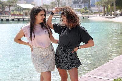 DUBAI,  UNITED ARAB EMIRATES , OCTOBER 14  – 2019 :- Maram Hussein ( left ) and Lana Makhzoumi ( right ) , co-hosts of one of the most popular podcasts in the Middle East  DXBabies at the Media City Park in Dubai. ( Pawan Singh / The National ) For Arts. Story by Ann Marie McQueen