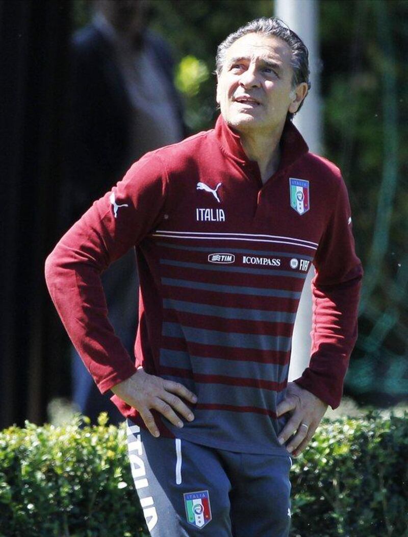 Italy coach Cesare Prandelli looks up as he leads a training session on Monday. Fabrizio Giovanozzi / AP / June 2, 2014