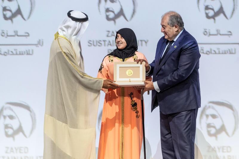 ABU DHABI, UNITED ARAB EMIRATES. 13 JANUARY 2020. The Zayed Sustainability Awards held at ADNEC as part of Abu Dhabi Sustainability Week. H.E. Sheikh Mohammed bin Zayed Al Nahyan, Crown Prince of Abu Dhabi and Deputy Supreme Commander of the United Arab Emirates Armed Forces awards Global High Schools Winner: Middle East and North Africa, Al Amal Junior High School, Morocco with President of Armenia, Armen Sarkissian. (Photo: Antonie Robertson/The National) Journalist: Kelly Clarker. Section: National.

